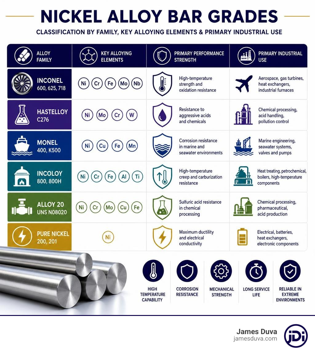 Classification of nickel alloy bar grades by family, key alloying elements, and primary industrial use infographic