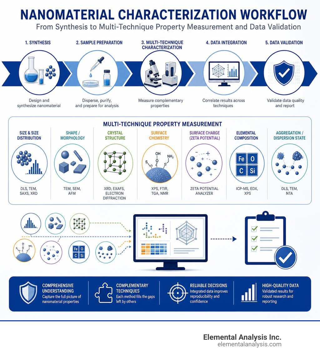 Nanomaterial characterization workflow from synthesis to multi-technique property measurement and data validation infographic