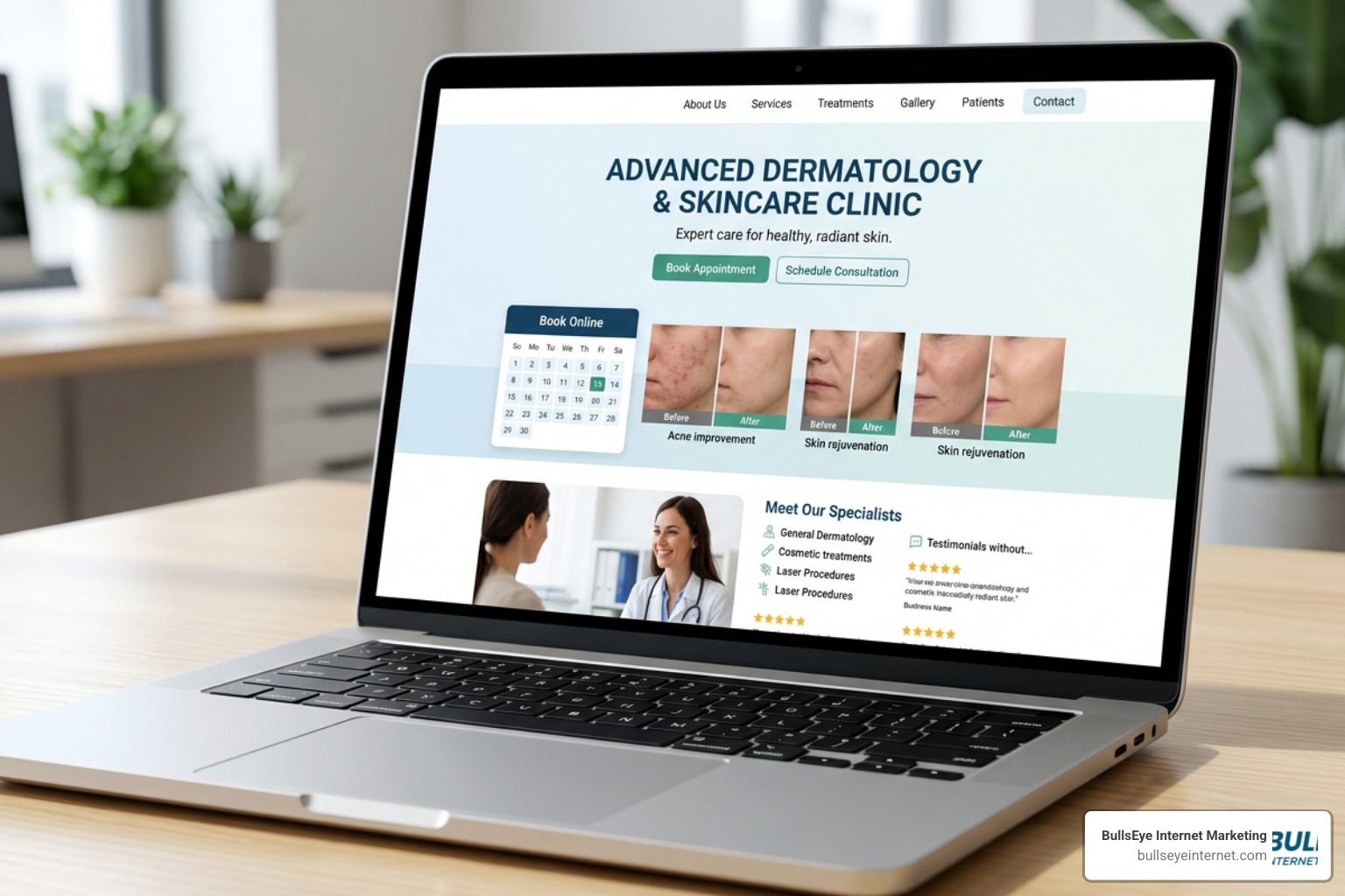 Optimized dermatology landing page layout with clear CTAs and online booking