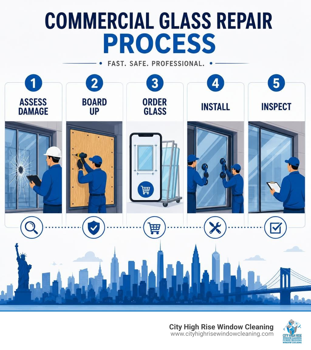 Infographic showing commercial glass repair process steps: assess damage, board up, order glass, install, inspect infographic Infographic showing commercial glass repair process steps: assess damage, board up, order glass, install, inspect infographic