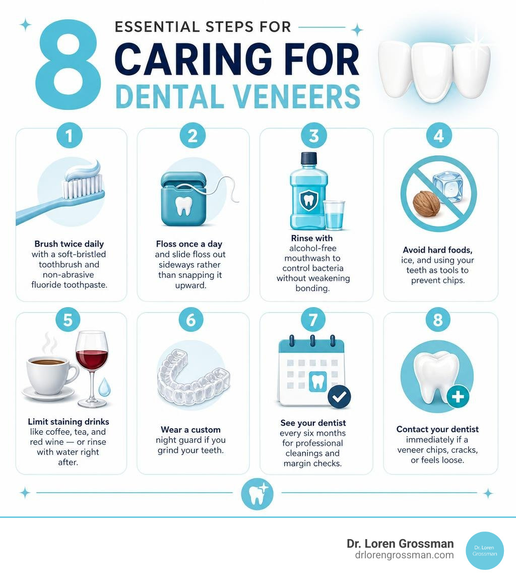 Infographic showing 8 essential steps for caring for dental veneers including brushing, flossing, and diet tips infographic