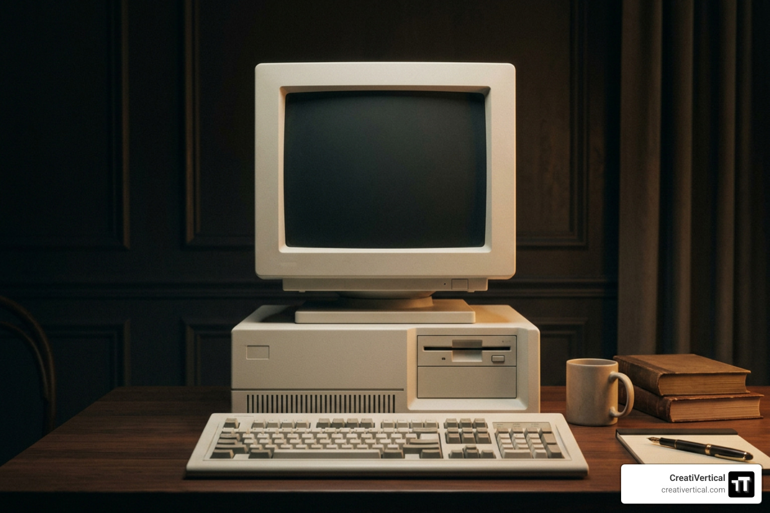 Symmetrical head-on view of an antique desktop computer resting on a tidy wooden desk with warm film-noir lighting