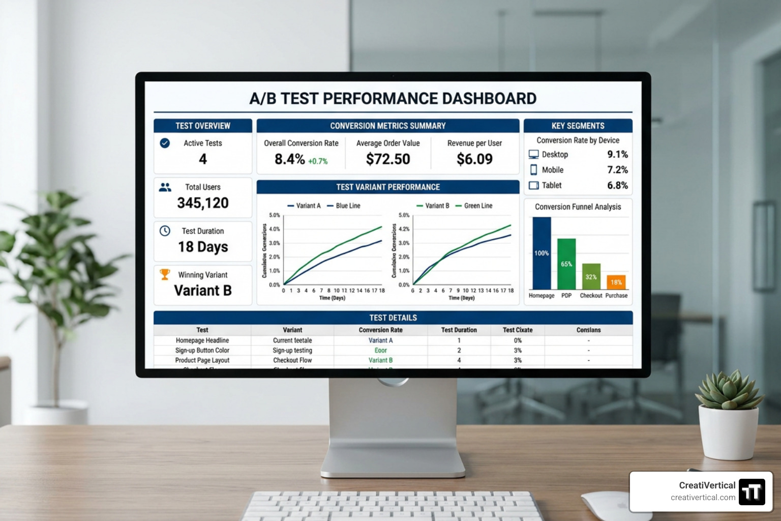 A/B testing analytics dashboard displaying conversion metrics with clean lines and symmetrical layout head-on view