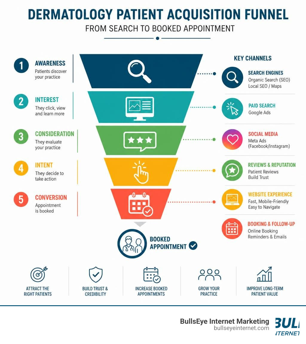 Dermatology patient acquisition funnel from search to booked appointment with key channels infographic