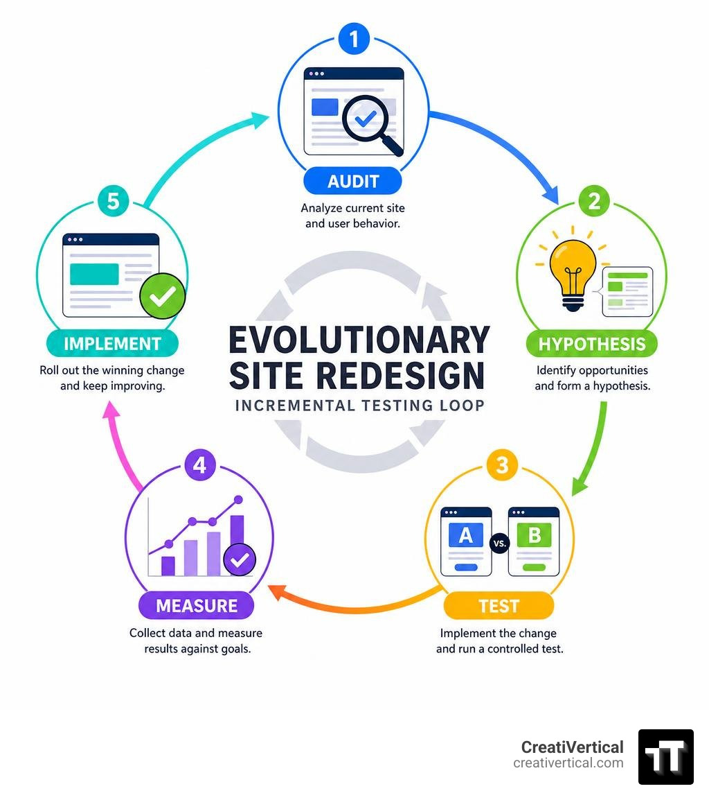 Evolutionary site redesign lifecycle infographic showing incremental testing loop from audit to hypothesis to test to
