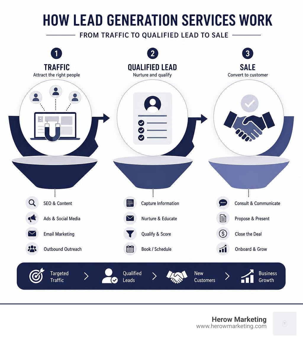 How lead generation services work — from traffic to qualified lead to sale infographic