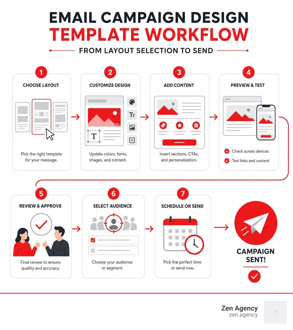 Email campaign design template workflow from layout selection to send infographic Email campaign design template workflow from layout selection to send infographic