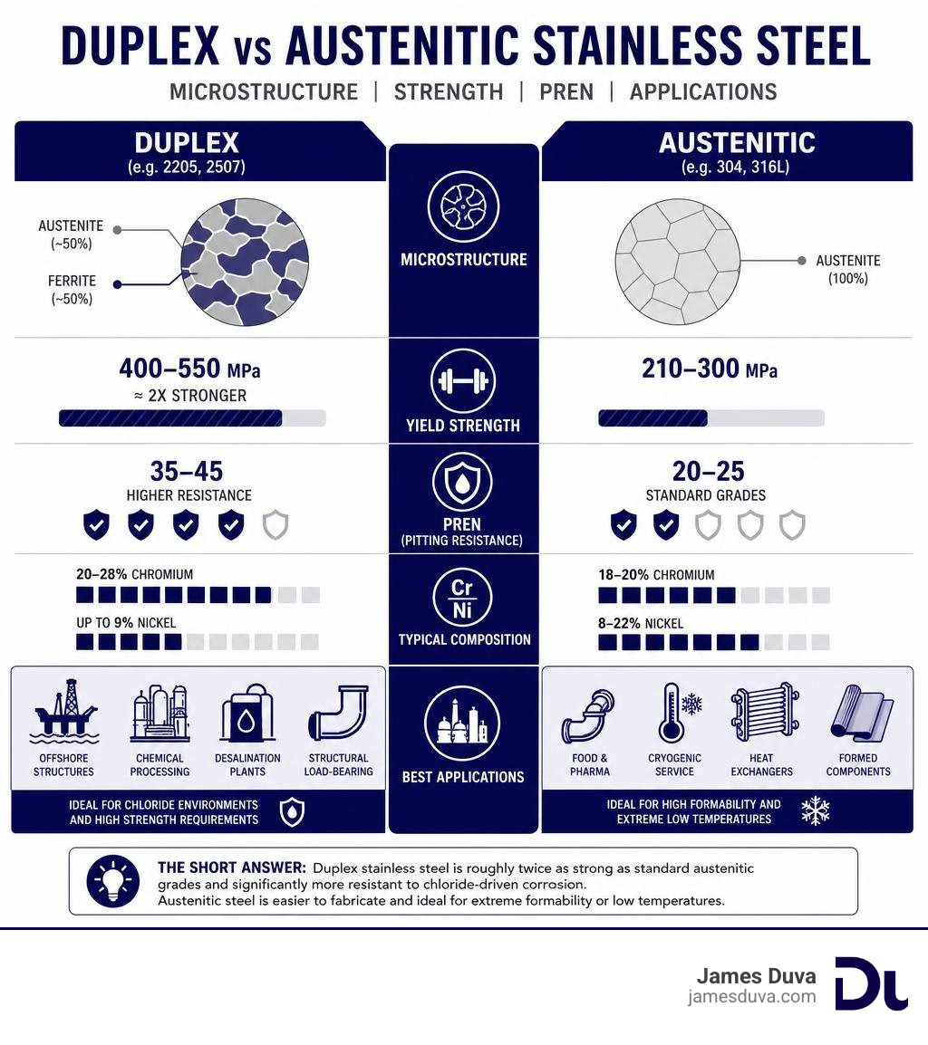 Infographic comparing duplex vs austenitic stainless steel: microstructure, strength, PREN, and applications infographic Infographic comparing duplex vs austenitic stainless steel: microstructure, strength, PREN, and applications infographic
