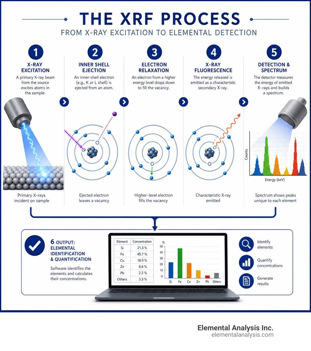 Infographic explaining the XRF process from X-ray excitation to elemental detection and output infographic Infographic explaining the XRF process from X-ray excitation to elemental detection and output infographic