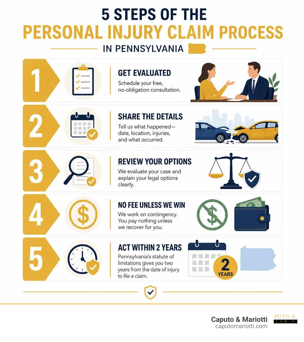 Infographic showing 5 steps of the personal injury claim process in Pennsylvania infographic Infographic showing 5 steps of the personal injury claim process in Pennsylvania infographic