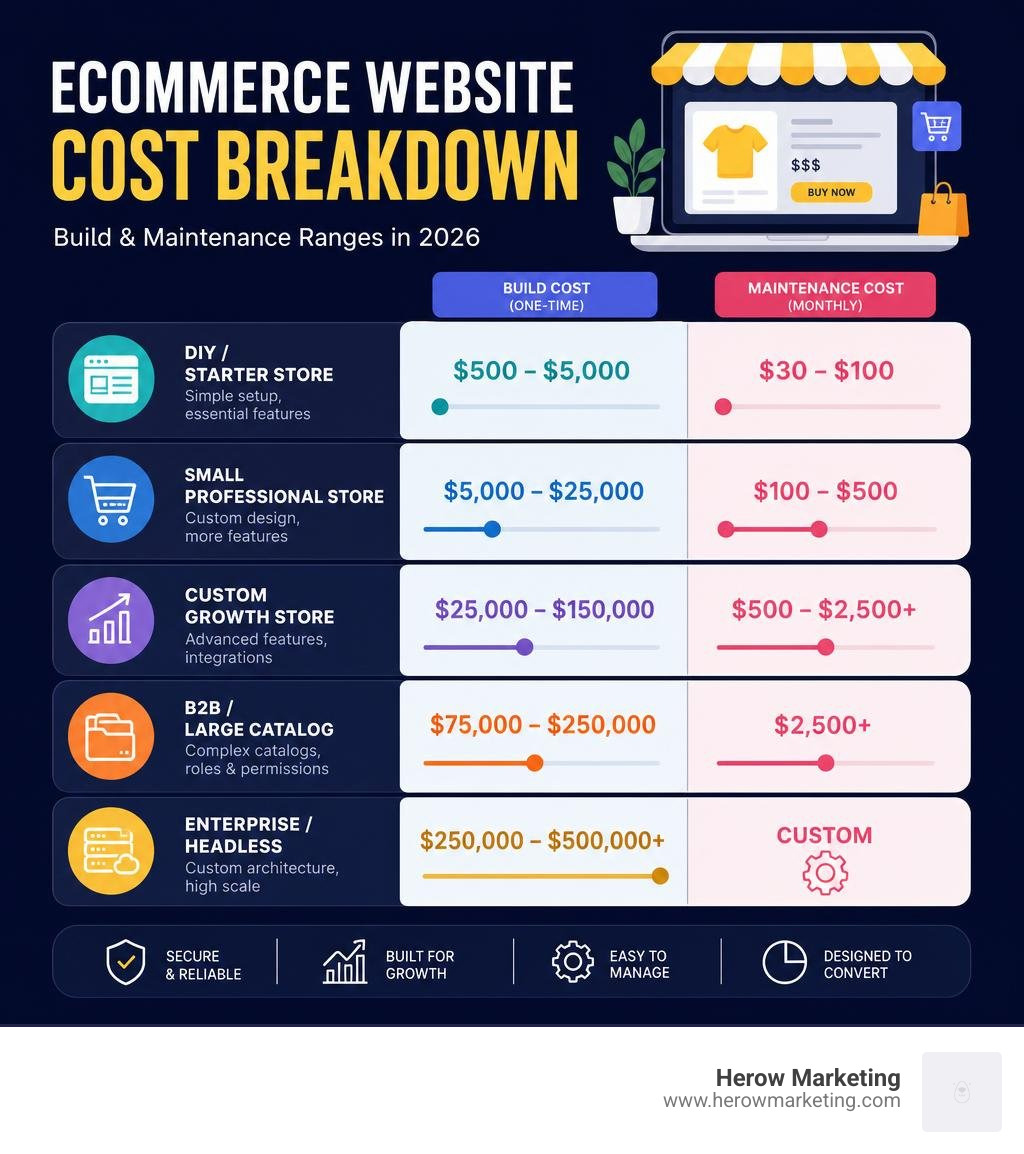 Infographic showing ecommerce website cost breakdown from DIY to enterprise including build and maintenance ranges Infographic showing ecommerce website cost breakdown from DIY to enterprise including build and maintenance ranges