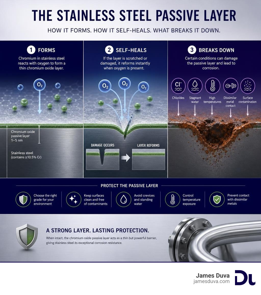 Infographic: How stainless steel's chromium oxide passive layer forms, self-heals, and what breaks it down infographic