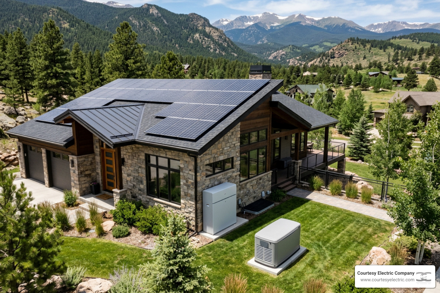 modern home with solar panels, battery storage, and standby generator in Colorado
