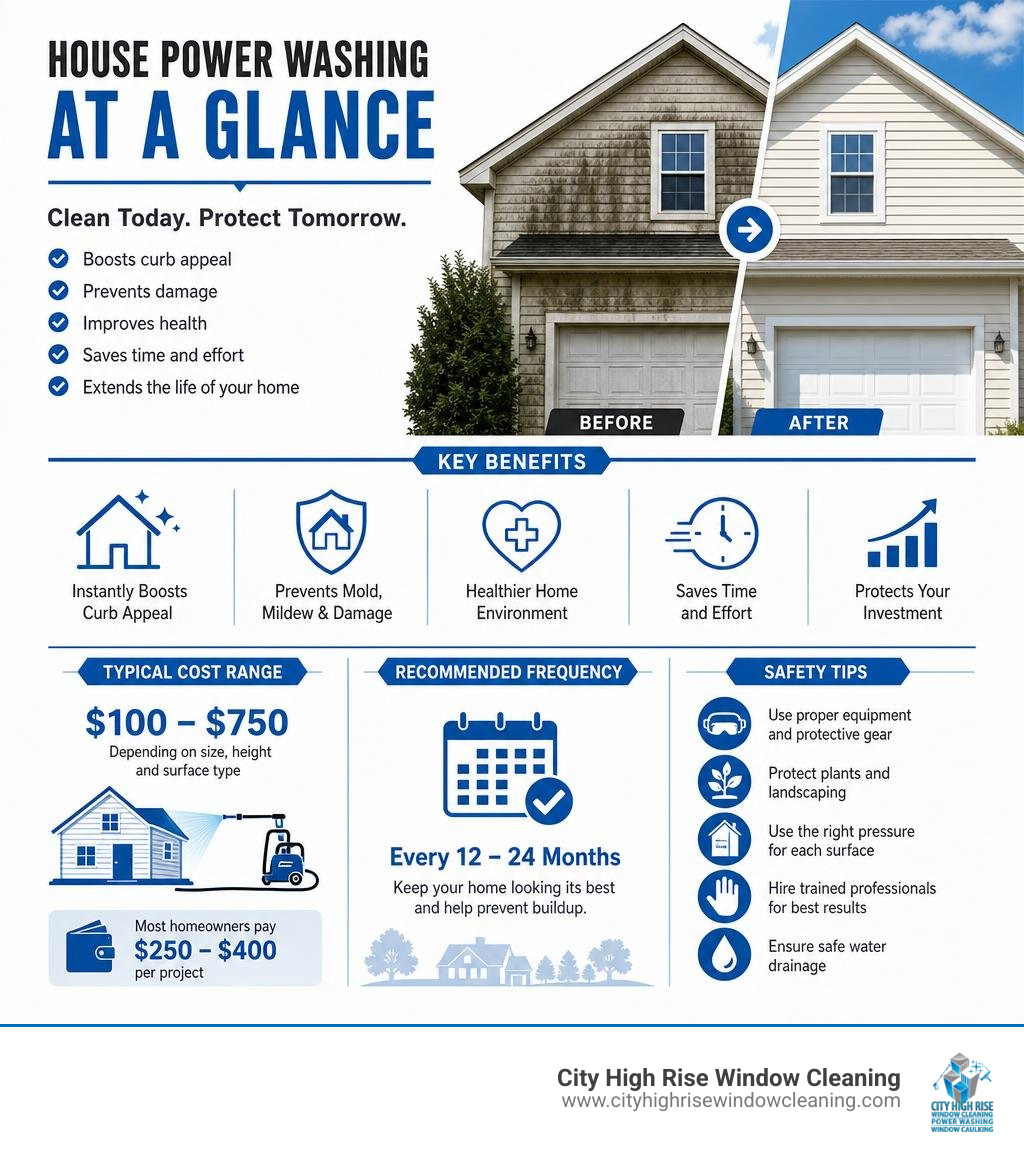 Infographic showing benefits of professional house power washing cost range frequency and safety tips infographic Infographic showing benefits of professional house power washing cost range frequency and safety tips infographic
