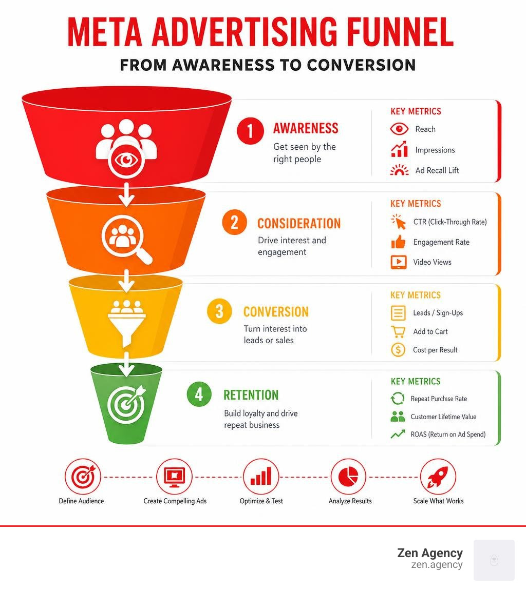 Meta advertising funnel from awareness to conversion with key metrics and stages infographic Meta advertising funnel from awareness to conversion with key metrics and stages infographic