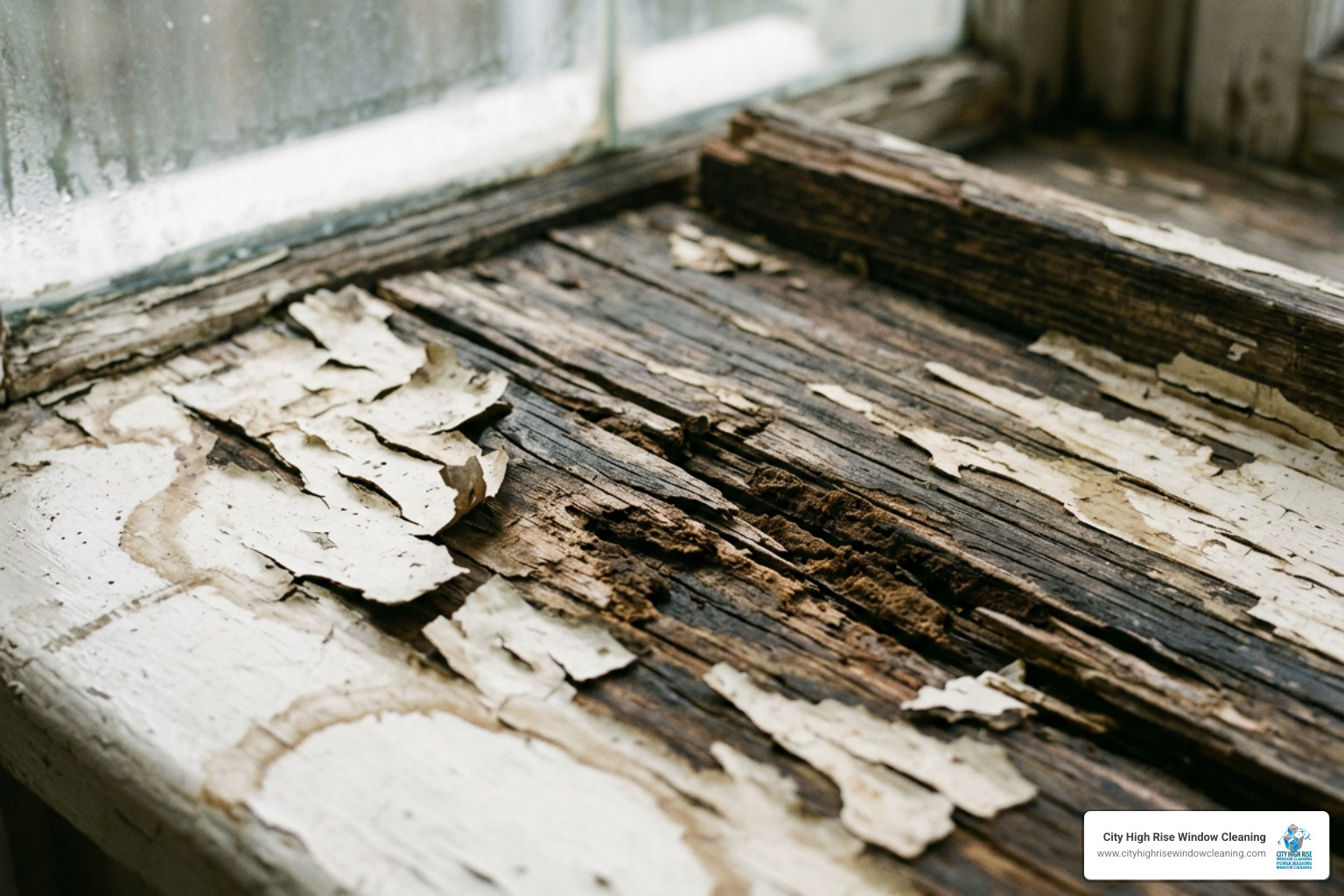 Water damaged window sill showing peeling paint and wood rot Water damaged window sill showing peeling paint and wood rot