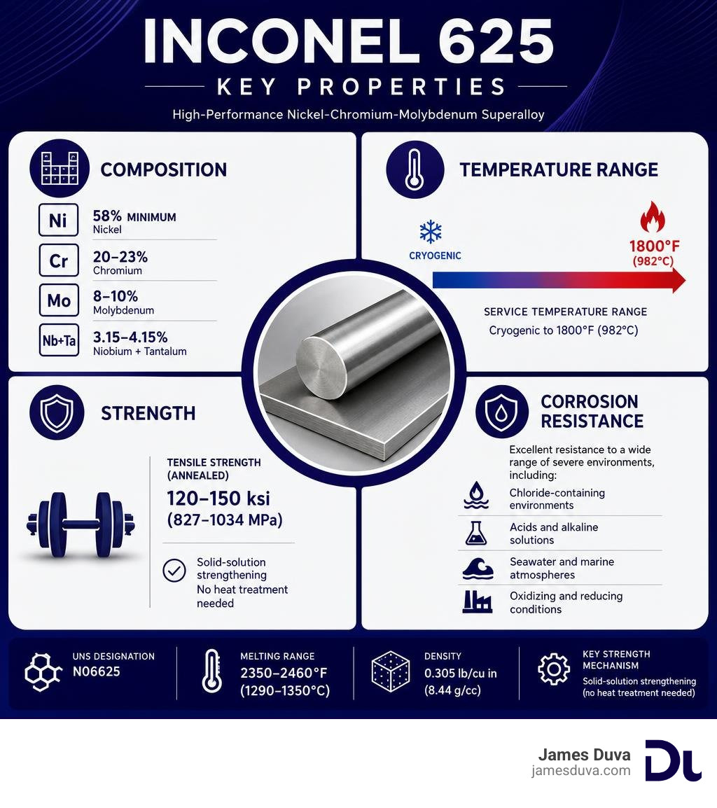 Inconel 625 key properties infographic: composition, temperature range, strength, and corrosion resistance infographic