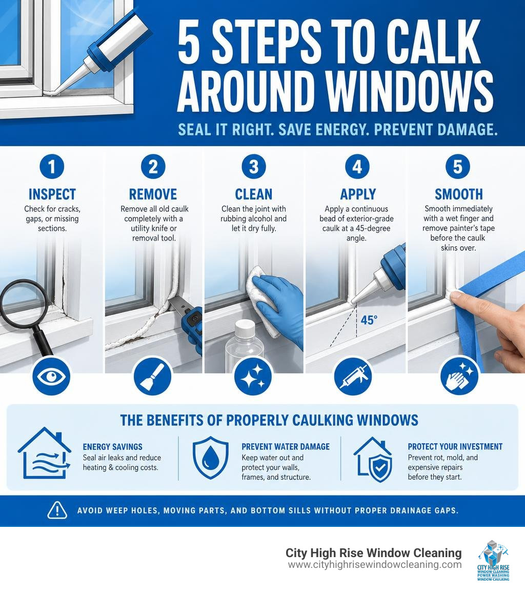 Infographic showing 5 steps to calk around windows with energy savings and damage prevention tips infographic Infographic showing 5 steps to calk around windows with energy savings and damage prevention tips infographic