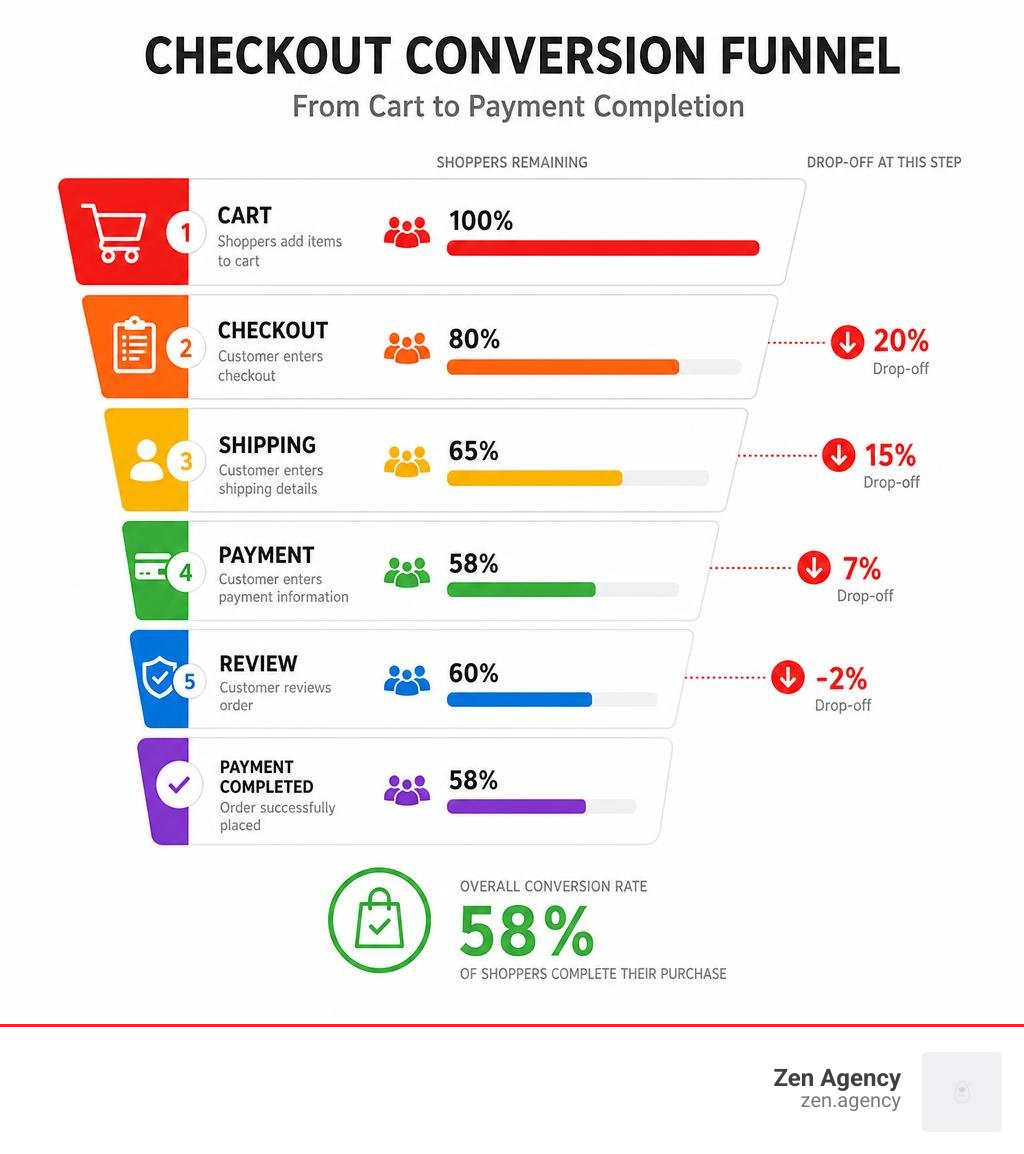 Checkout conversion funnel showing stages from cart to payment completion with drop-off rates infographic Checkout conversion funnel showing stages from cart to payment completion with drop-off rates infographic