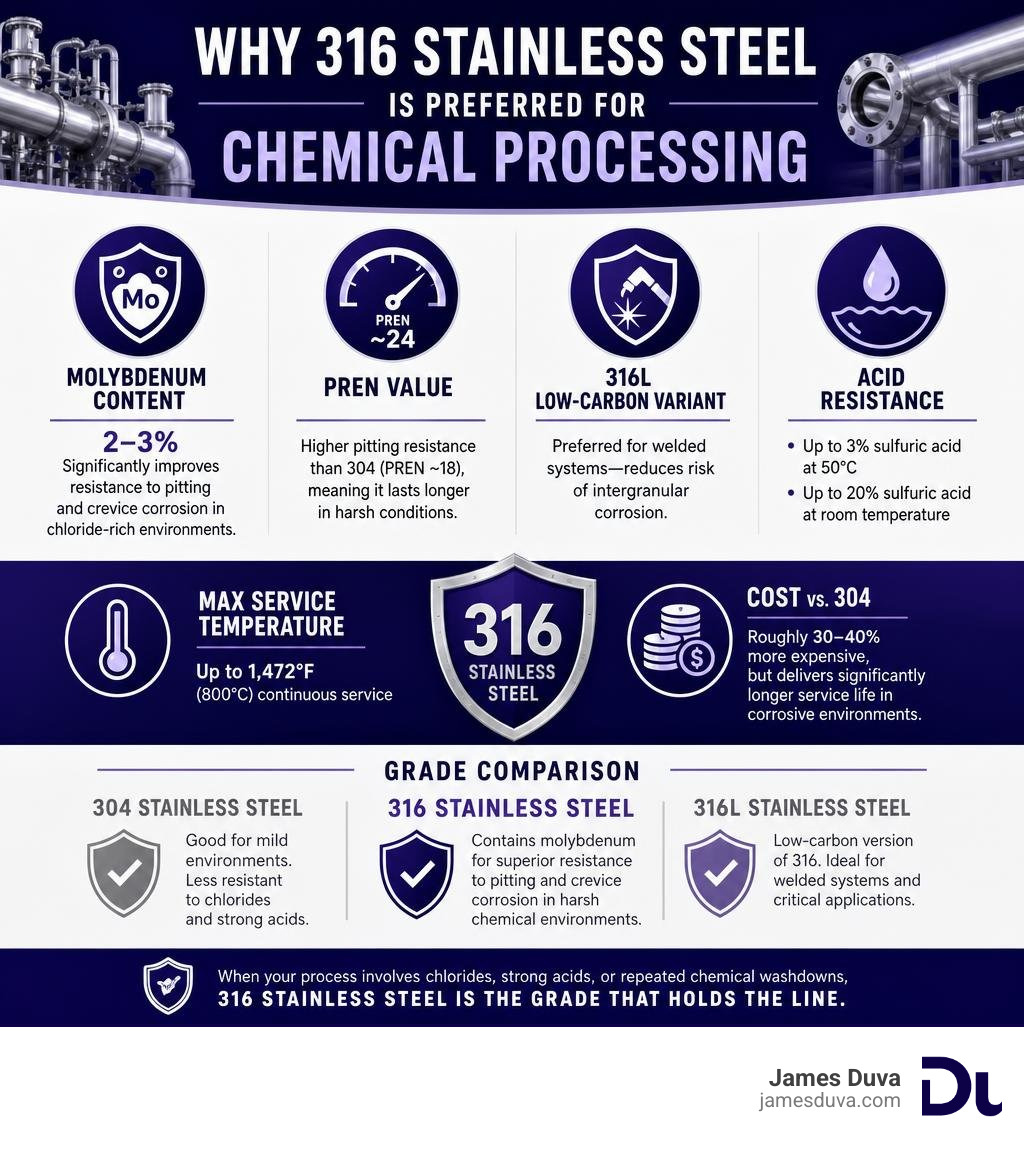 Infographic showing why 316 stainless steel is preferred for chemical processing: molybdenum content, PREN value, acid