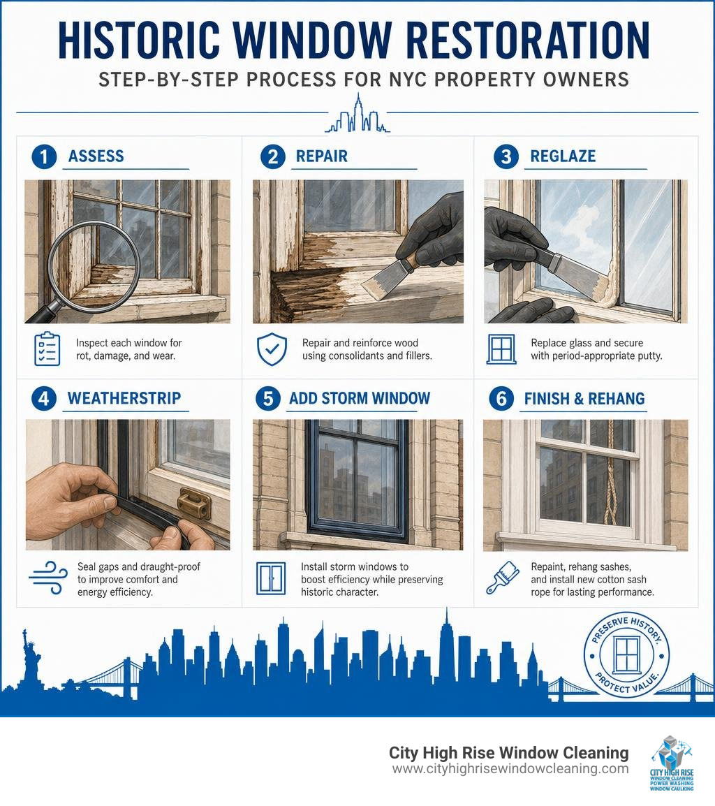 Step-by-step historic window restoration process infographic for NYC property owners infographic Step-by-step historic window restoration process infographic for NYC property owners infographic