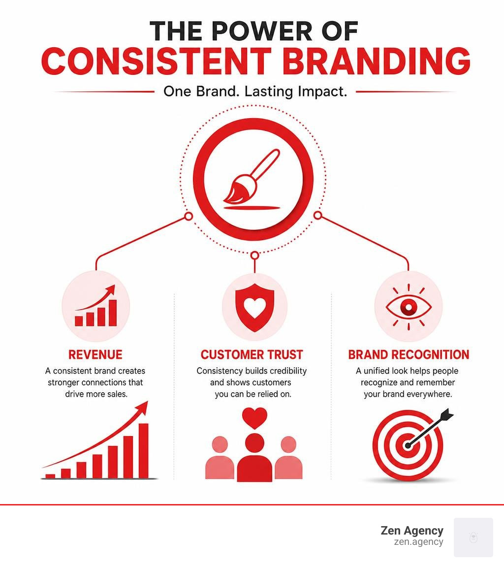 Infographic showing how consistent branding impacts revenue, customer trust, and brand recognition infographic Infographic showing how consistent branding impacts revenue, customer trust, and brand recognition infographic