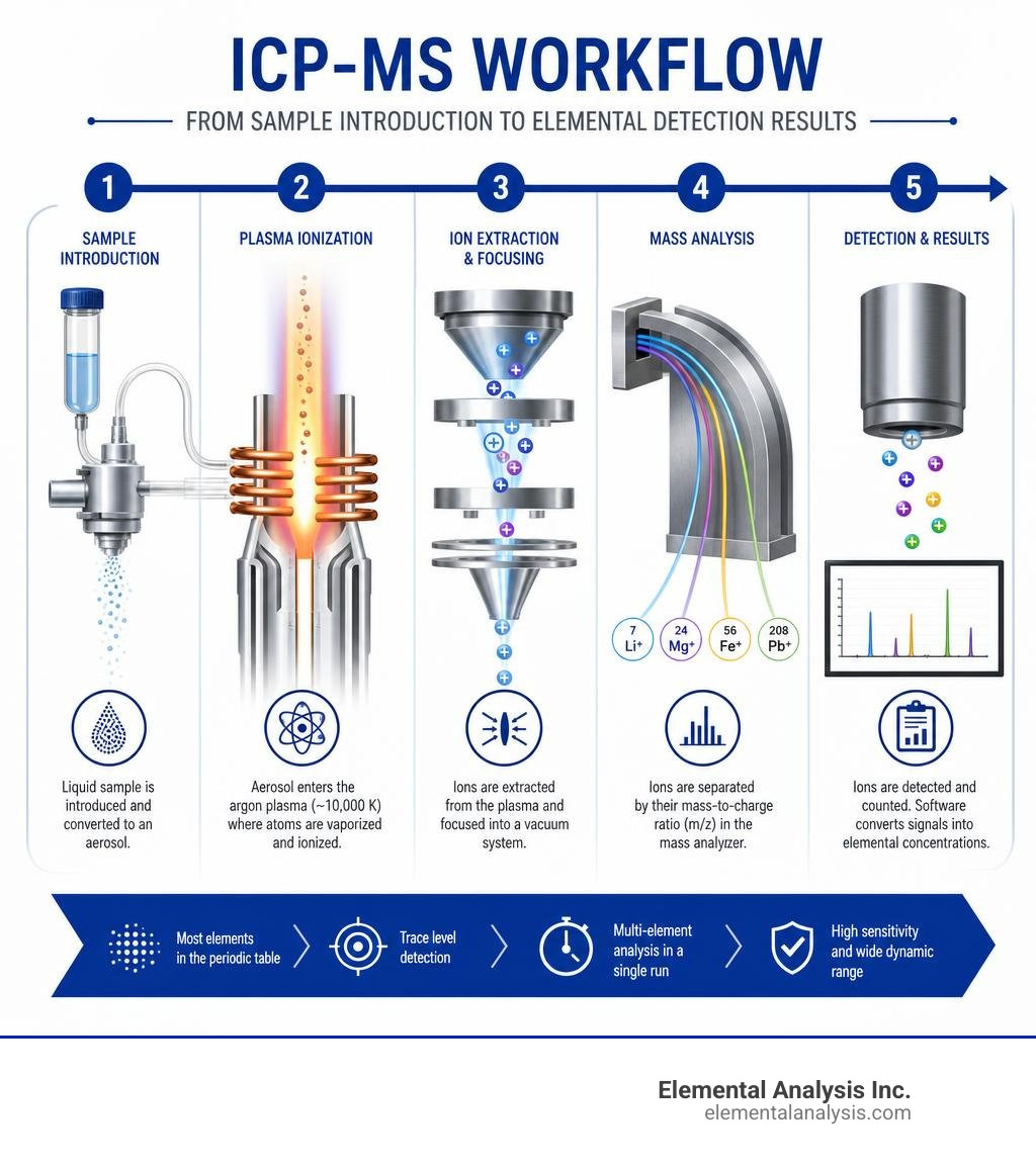 Step-by-step ICP-MS workflow from sample introduction to elemental detection results infographic Step-by-step ICP-MS workflow from sample introduction to elemental detection results infographic