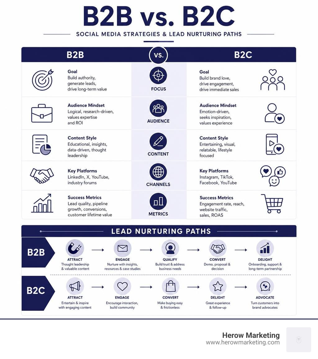 infographic comparing B2B and B2C social media graphics and lead nurturing paths infographic