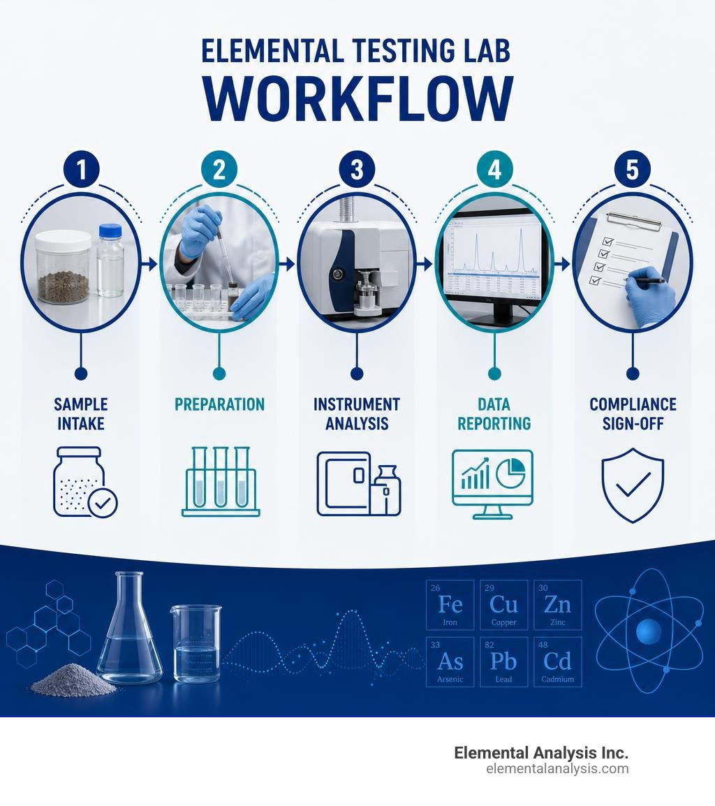 Elemental testing lab workflow: sample intake, preparation, instrument analysis, data reporting, compliance sign-off Elemental testing lab workflow: sample intake, preparation, instrument analysis, data reporting, compliance sign-off