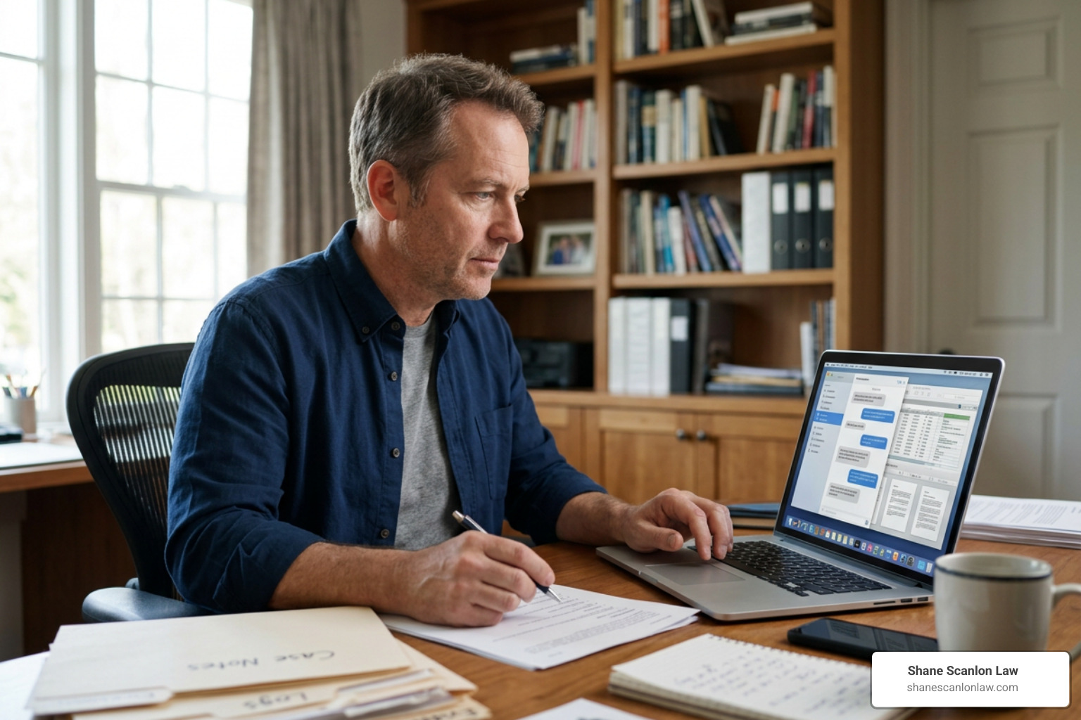 Defendant collecting and organizing text messages and digital evidence on a laptop Defendant collecting and organizing text messages and digital evidence on a laptop