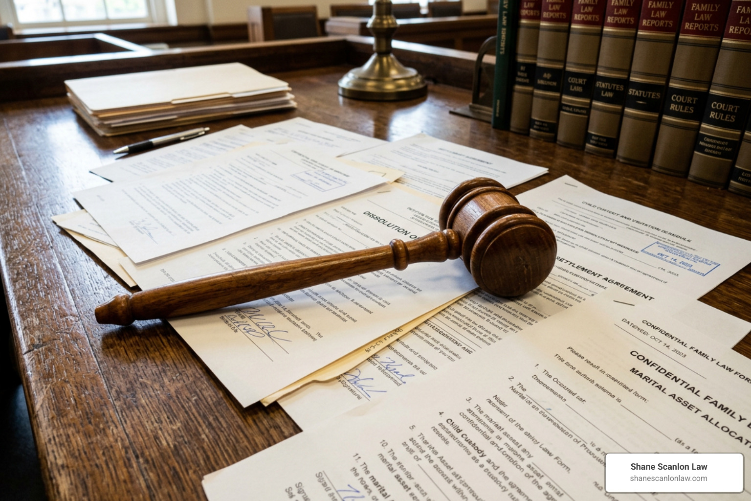 Gavel resting on family court divorce and custody documents Gavel resting on family court divorce and custody documents