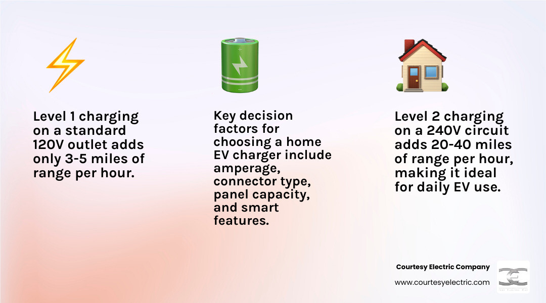 Infographic showing EV charging levels: Level 1 adds 3-5 miles/hour on 120V; Level 2 adds 20-40 miles/hour on 240V; key