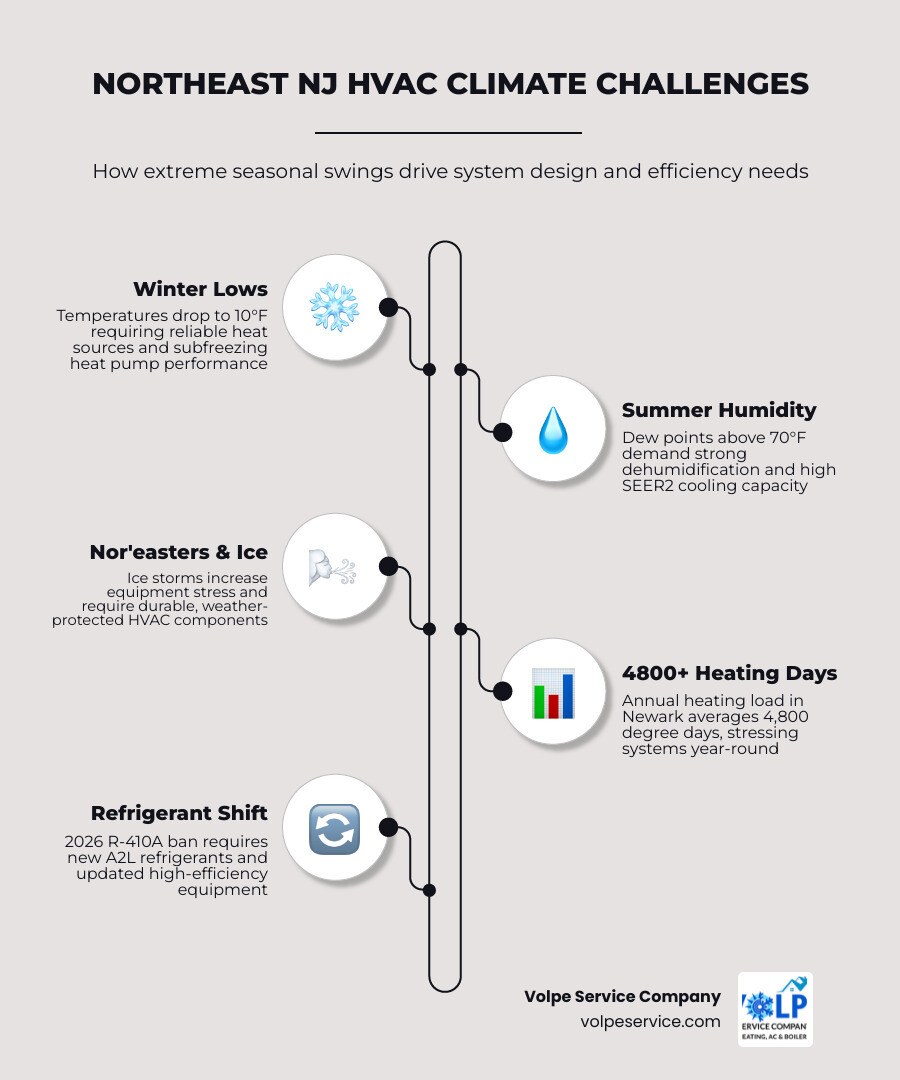Infographic comparing heat pump vs furnace vs dual-fuel system for Northeast New Jersey climate zones with efficiency Infographic comparing heat pump vs furnace vs dual-fuel system for Northeast New Jersey climate zones with efficiency