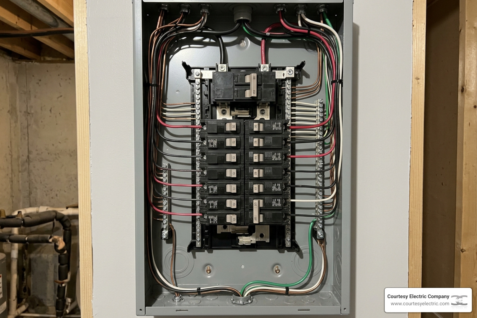 An open residential electrical panel showing clean circuit breakers and wiring