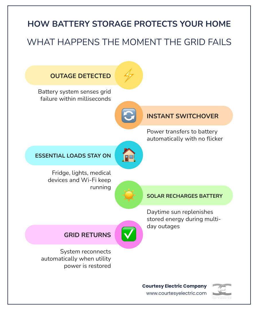 Infographic showing how battery storage protects a home during a power outage step by step infographic