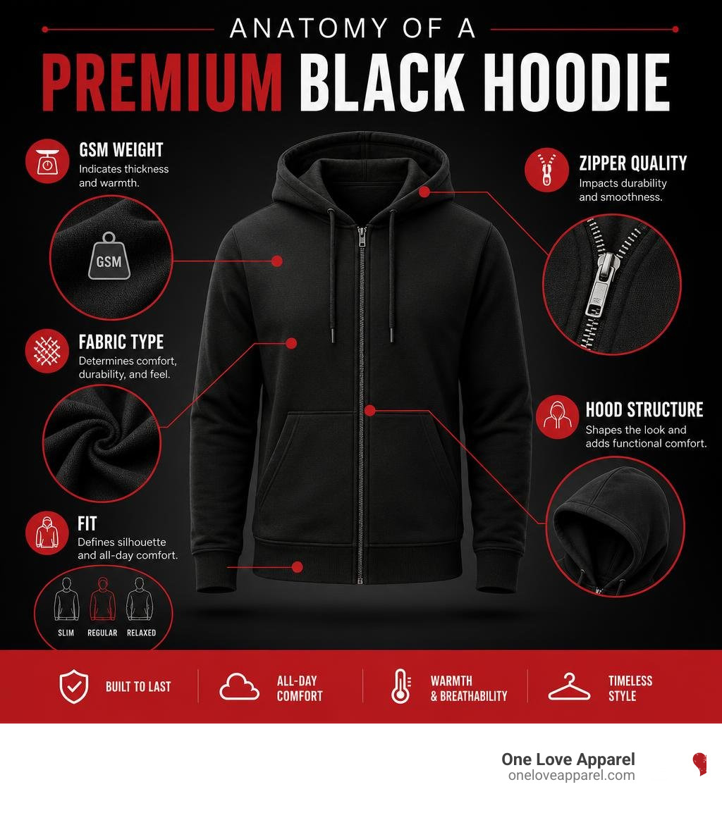 Anatomy of a premium black hoodie: GSM weight, fabric type, fit, zipper quality, hood structure infographic Anatomy of a premium black hoodie: GSM weight, fabric type, fit, zipper quality, hood structure infographic