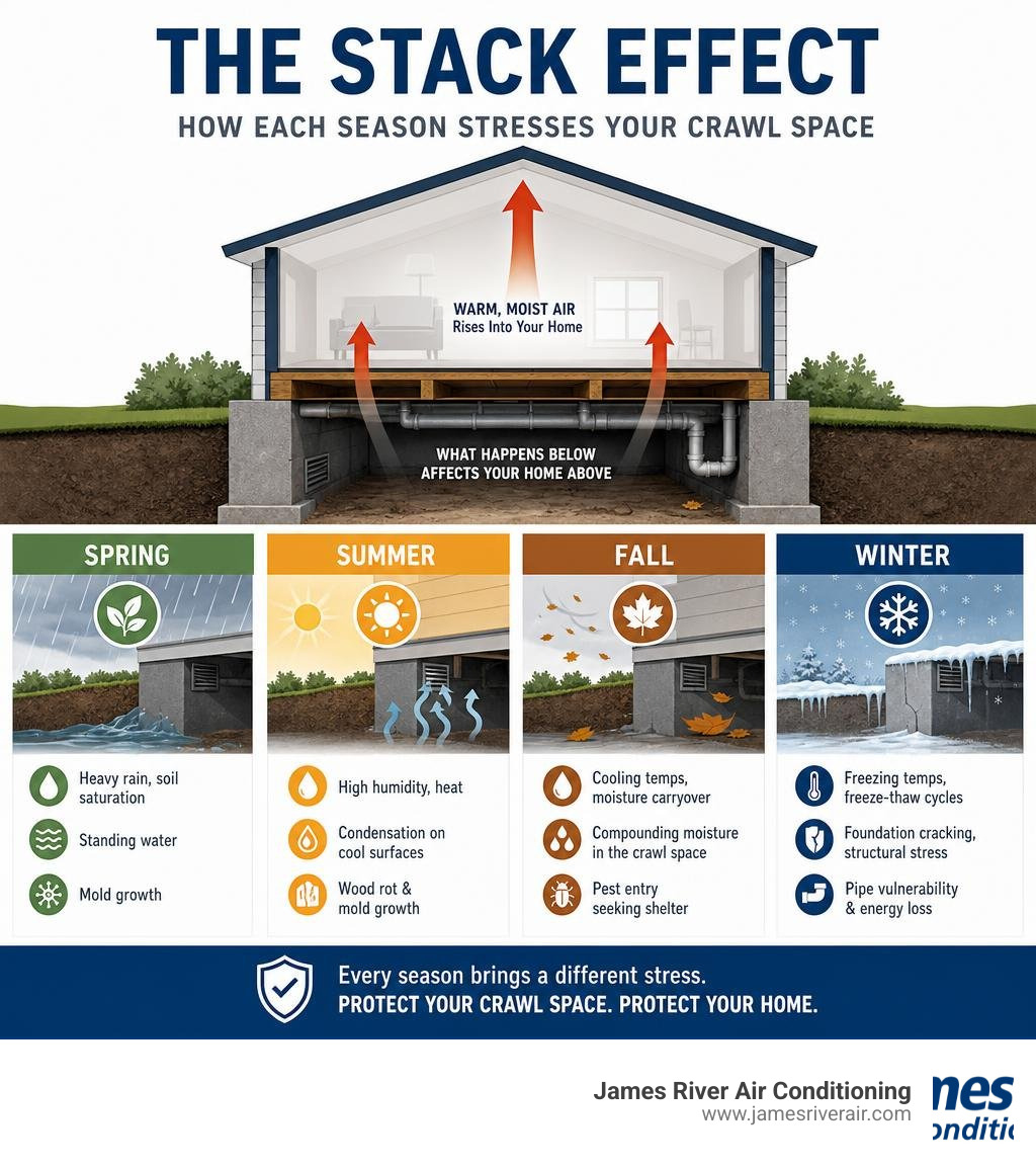 Infographic showing the stack effect and how each season stresses a crawl space with moisture, temperature, and structural Infographic showing the stack effect and how each season stresses a crawl space with moisture, temperature, and structural