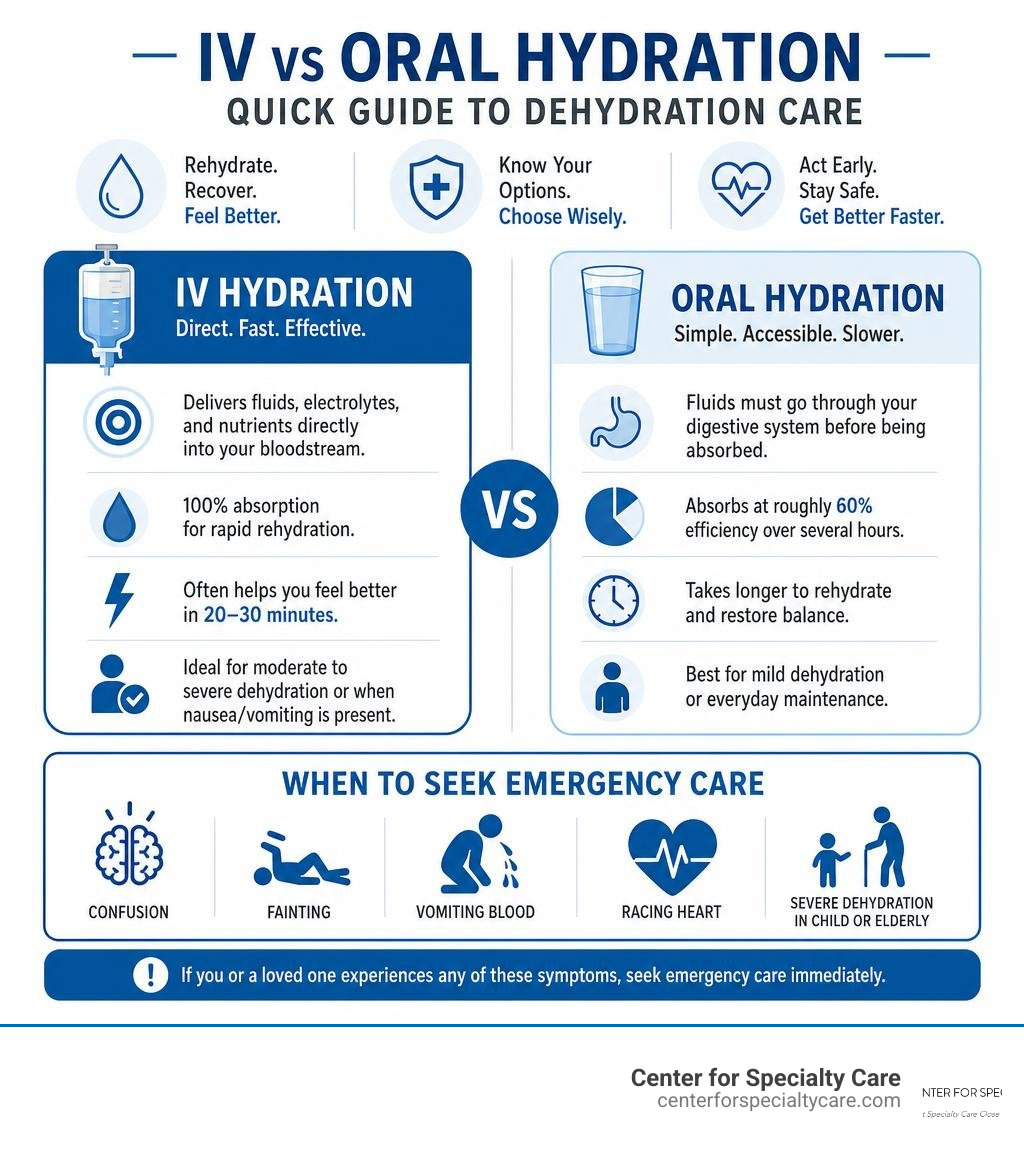 Quick guide to IV vs oral hydration for dehydration: symptoms, options, and when to seek emergency care infographic
