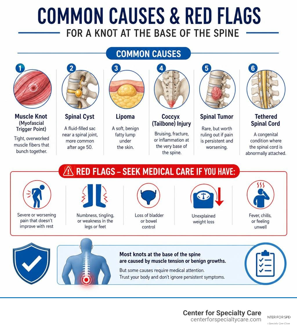 Common causes and red flags for a knot at the base of the spine infographic infographic