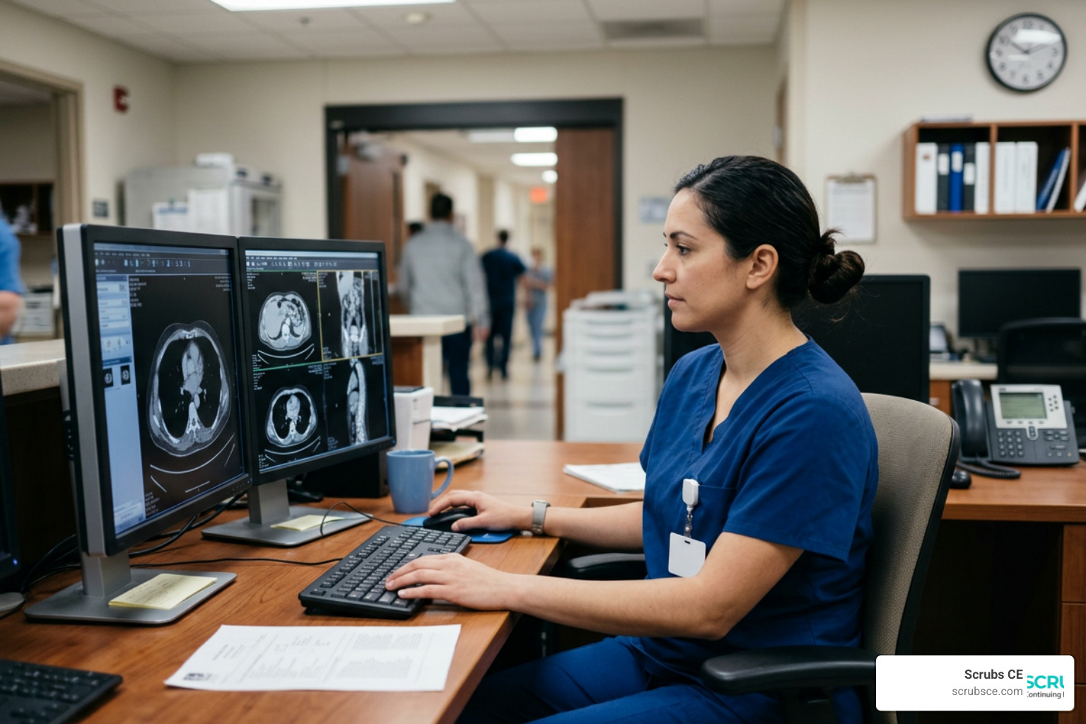 CT technologist reviewing scans on a computer screen in a hospital Radiology department CT technologist reviewing scans on a computer screen in a hospital Radiology department
