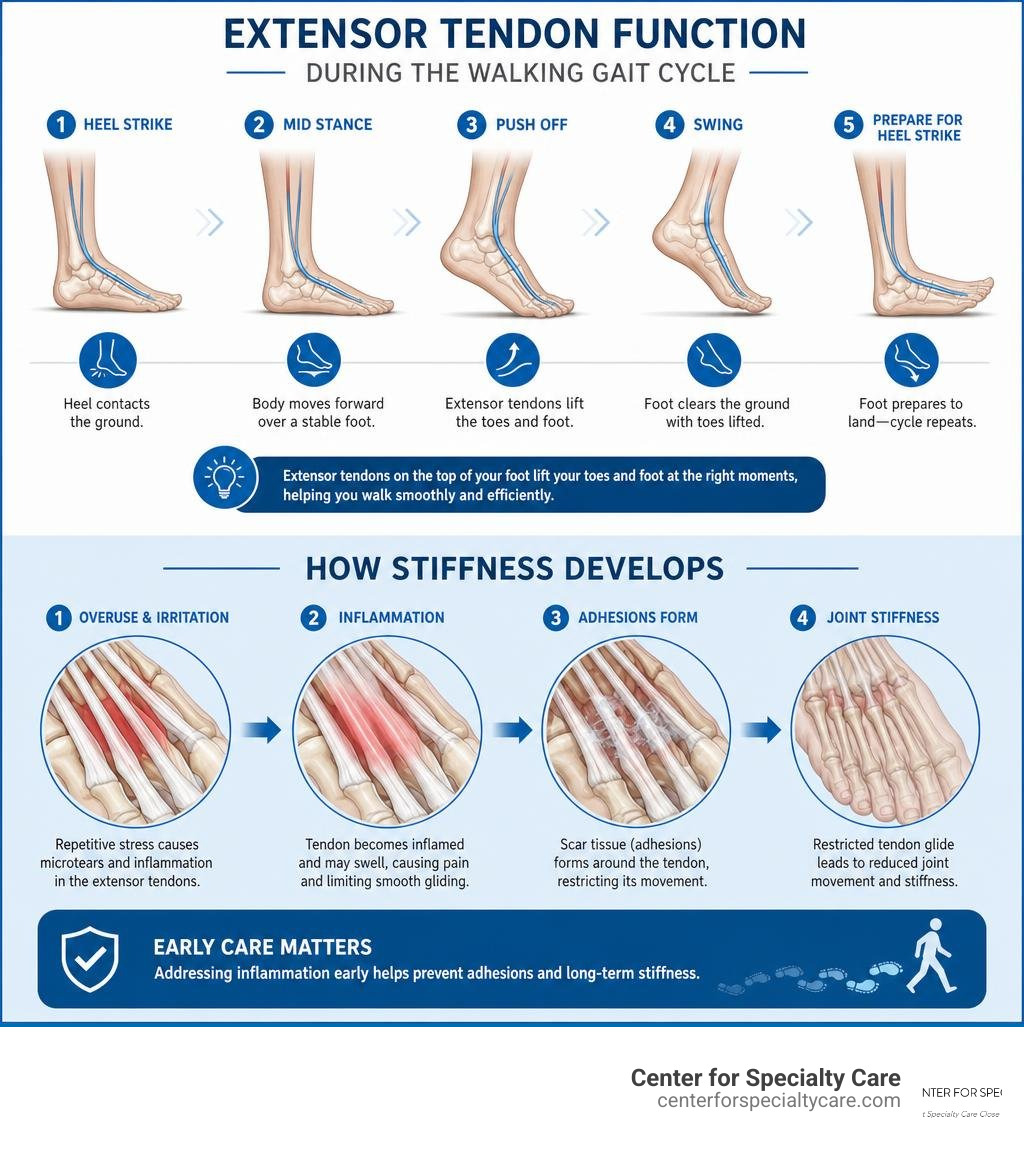 Infographic showing extensor tendon function during walking gait cycle and how stiffness develops infographic Infographic showing extensor tendon function during walking gait cycle and how stiffness develops infographic