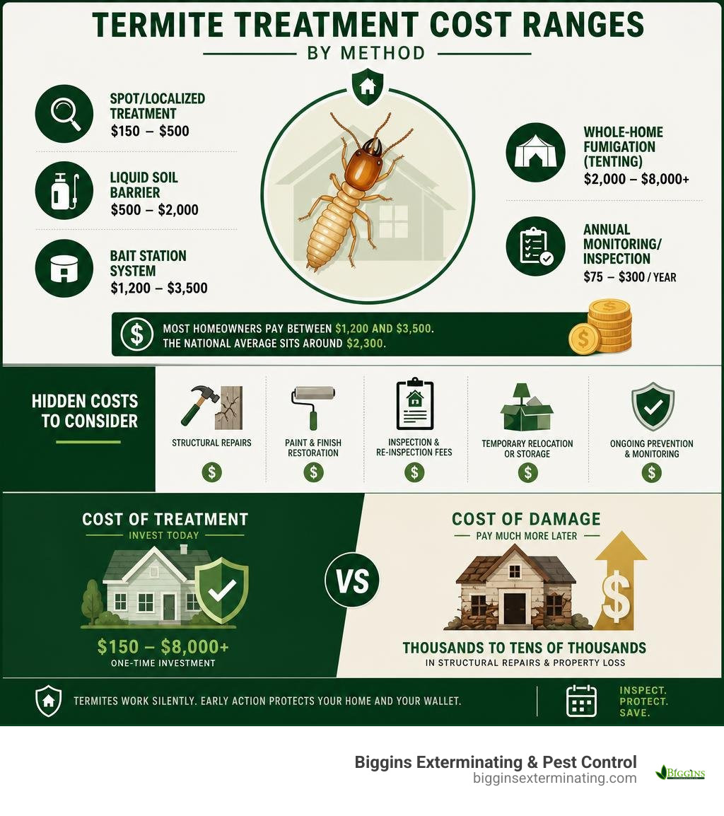 Infographic showing termite treatment cost ranges by method, hidden costs, and cost vs. damage comparison infographic