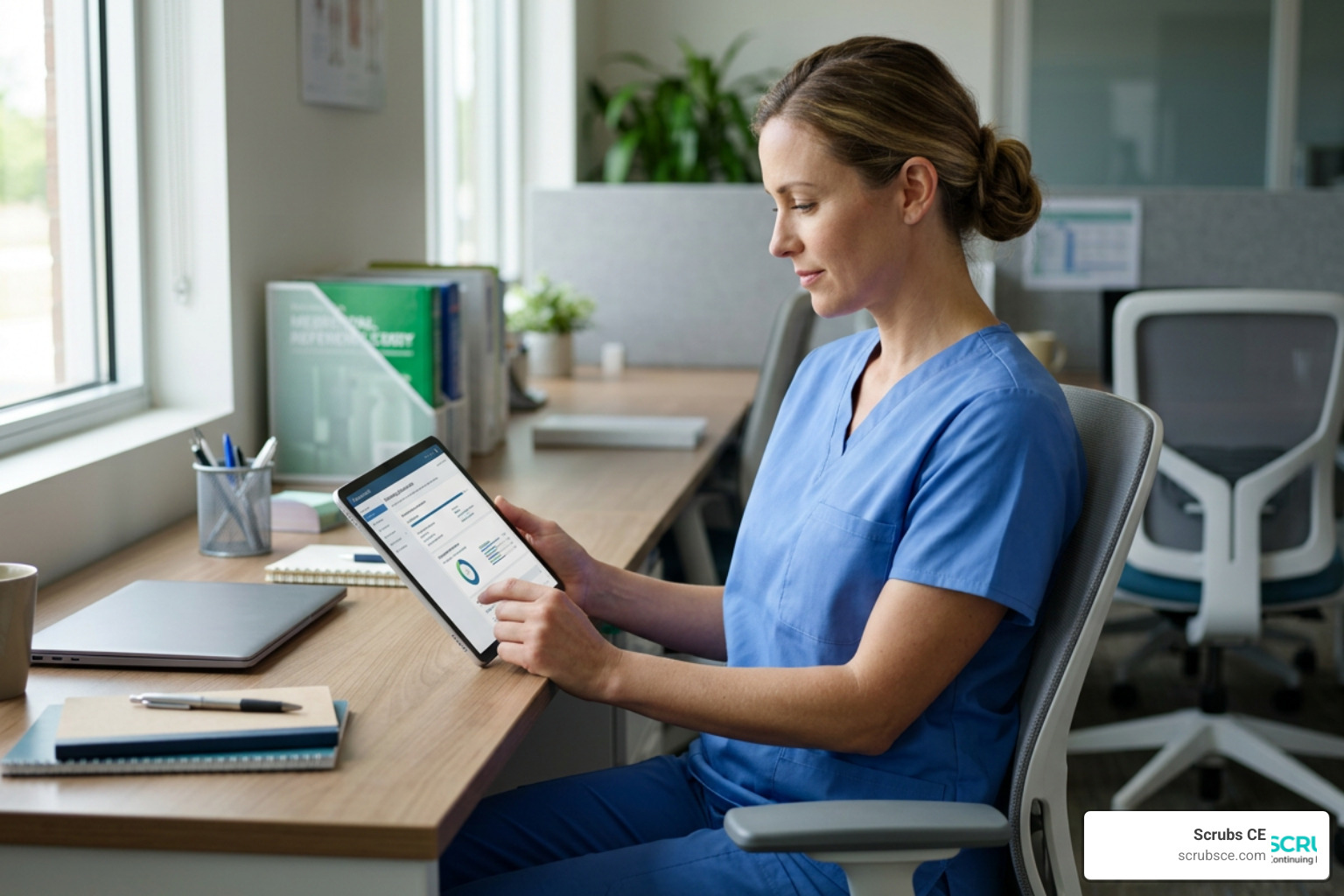 Nurse tracking CE hours on a tablet Nurse tracking CE hours on a tablet