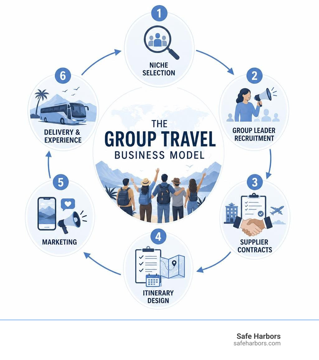 Infographic showing the group travel business model: niche selection, group leader recruitment, supplier contracts Infographic showing the group travel business model: niche selection, group leader recruitment, supplier contracts