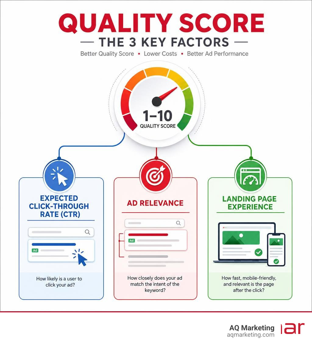 Quality Score factors infographic showing click-through rate, ad relevance, and landing page experience infographic