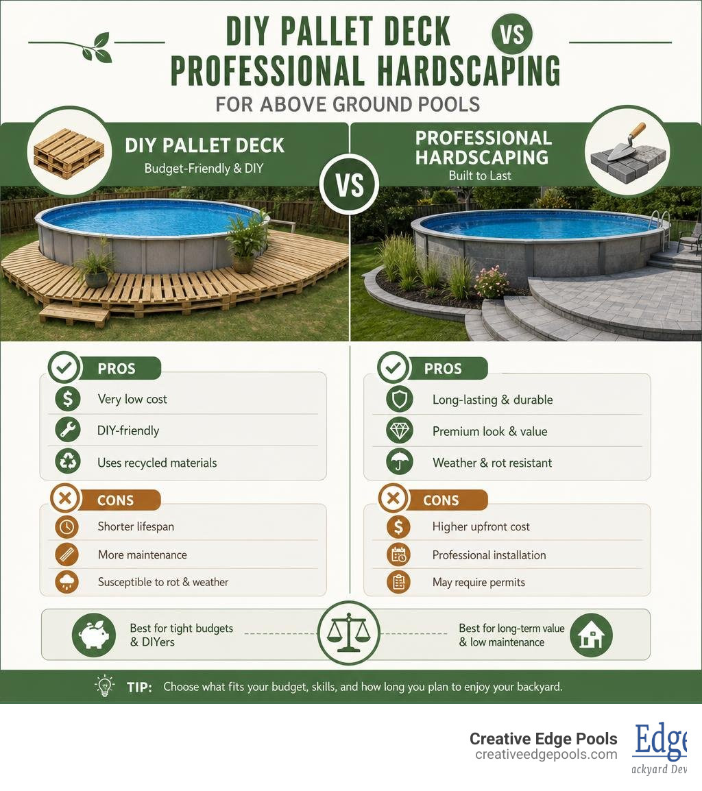 Infographic comparing DIY pallet deck pros and cons vs professional hardscaping for above ground pools infographic Infographic comparing DIY pallet deck pros and cons vs professional hardscaping for above ground pools infographic