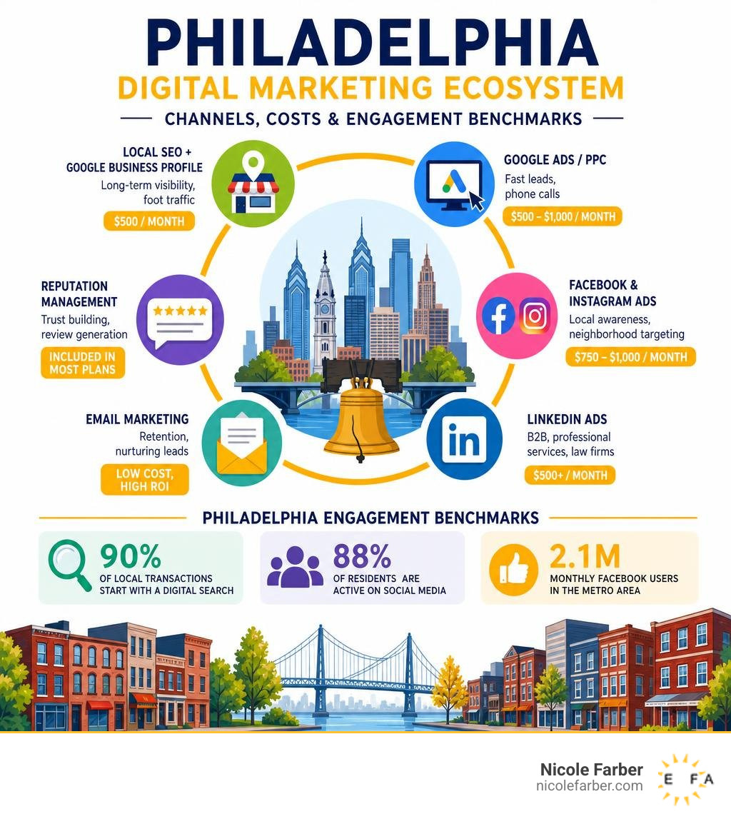 Philadelphia digital marketing ecosystem infographic showing channels, costs, and engagement benchmarks infographic