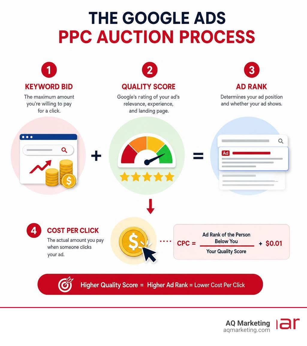 Infographic showing the Google Ads PPC auction process: keyword bid plus Quality Score equals ad rank and cost per click
