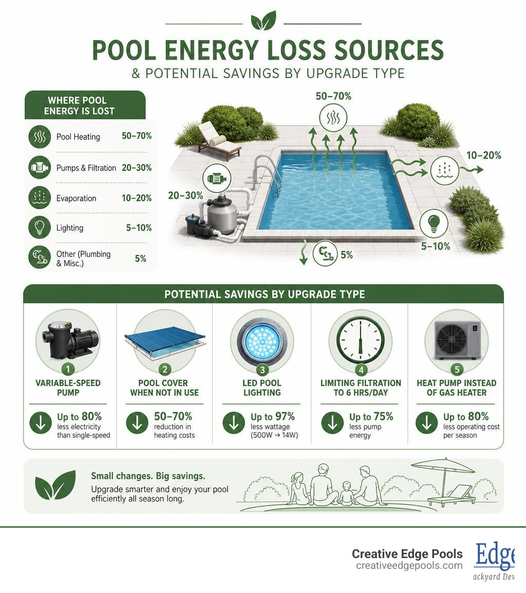 Infographic showing pool energy loss sources and potential savings by upgrade type infographic