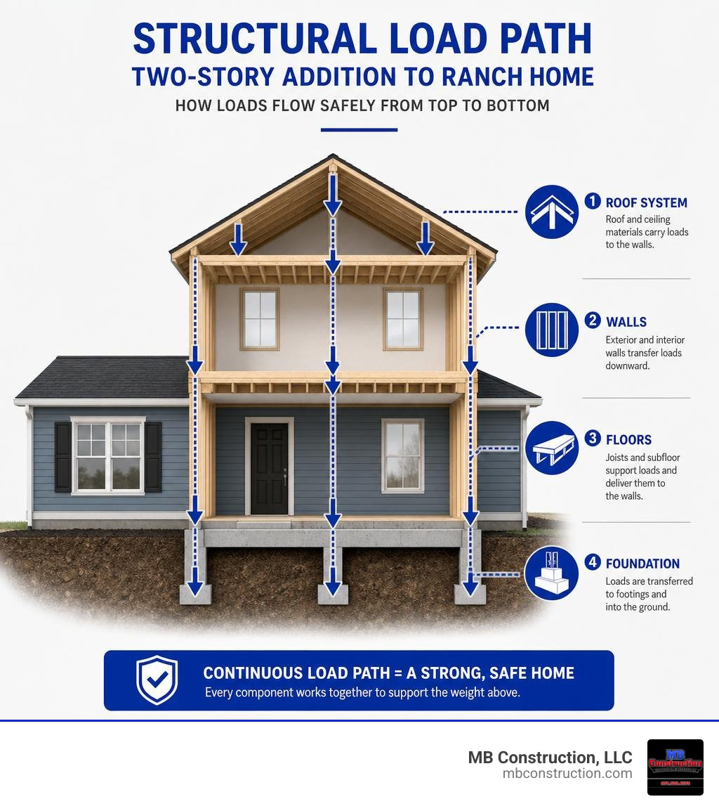Structural load path diagram for a two-story ranch home addition showing foundation, walls, and roof infographic